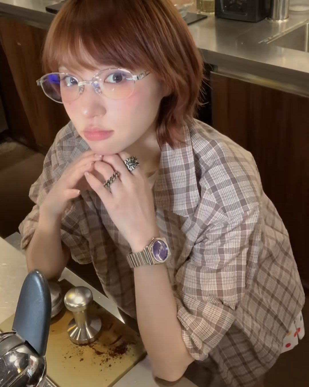 Vネックチェックハーフスリーブシャツ B0104