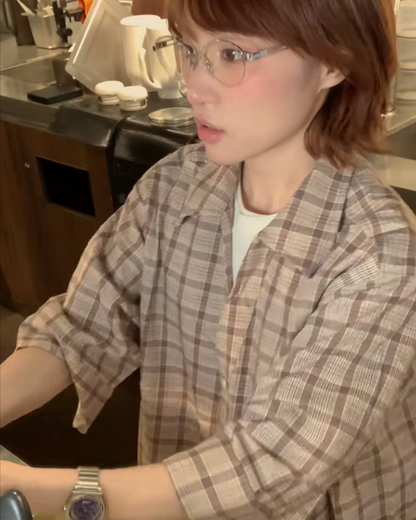 Vネックチェックハーフスリーブシャツ B0104