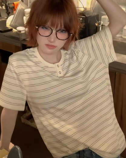 ヘンリーネックボーダーTシャツ　B0113